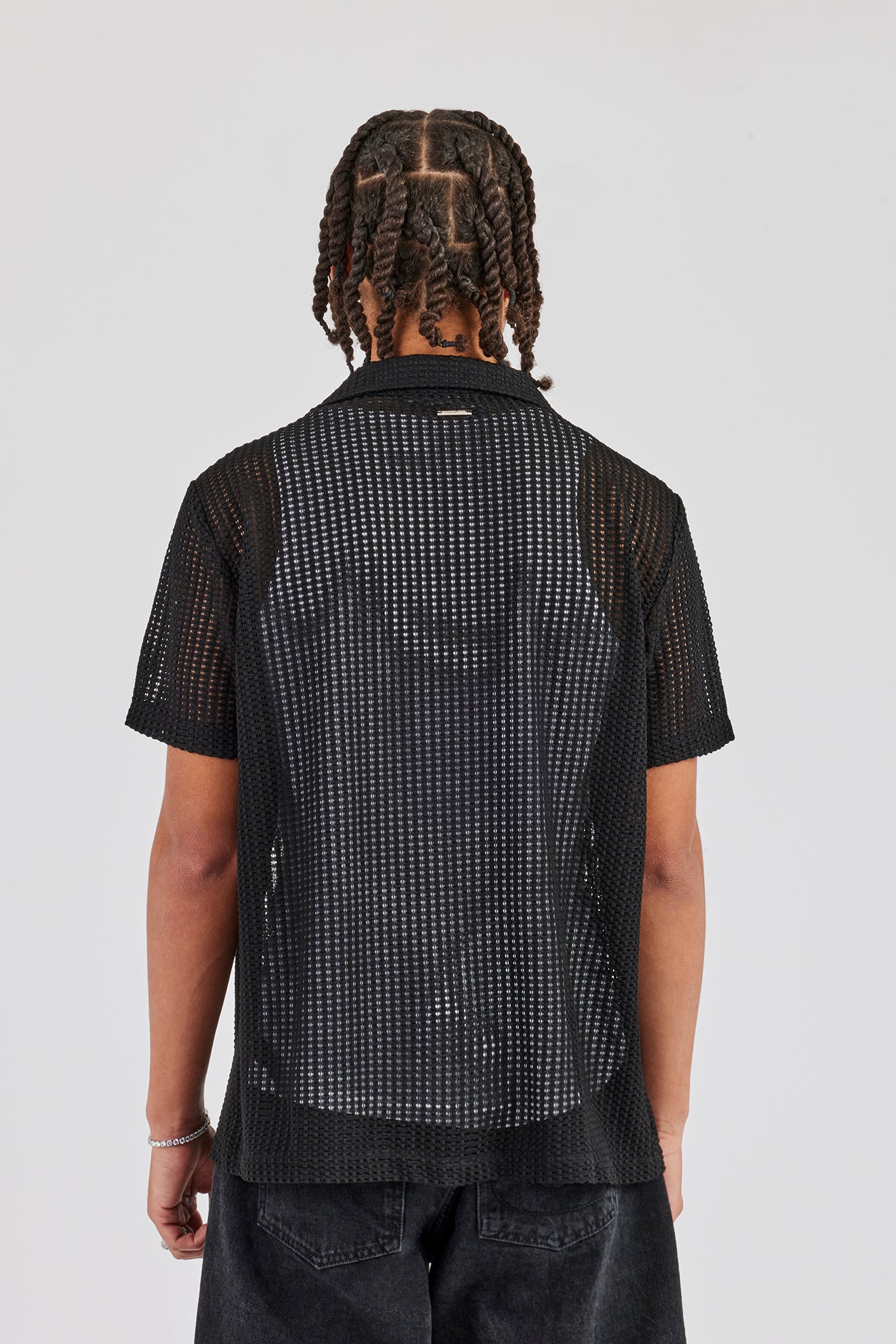 Textured Button Front Revere Shirt - Black